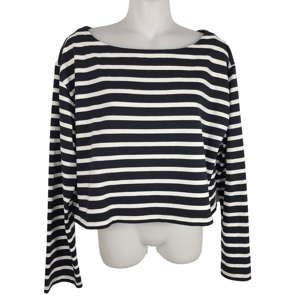 J. Crew Cropped boatneck T-shirt In mariner Cotton Size Small Black White Stripe